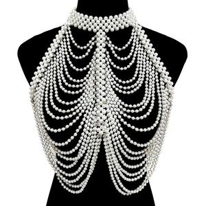 White & Silver Draped Pearl Body Chain Statement Necklace